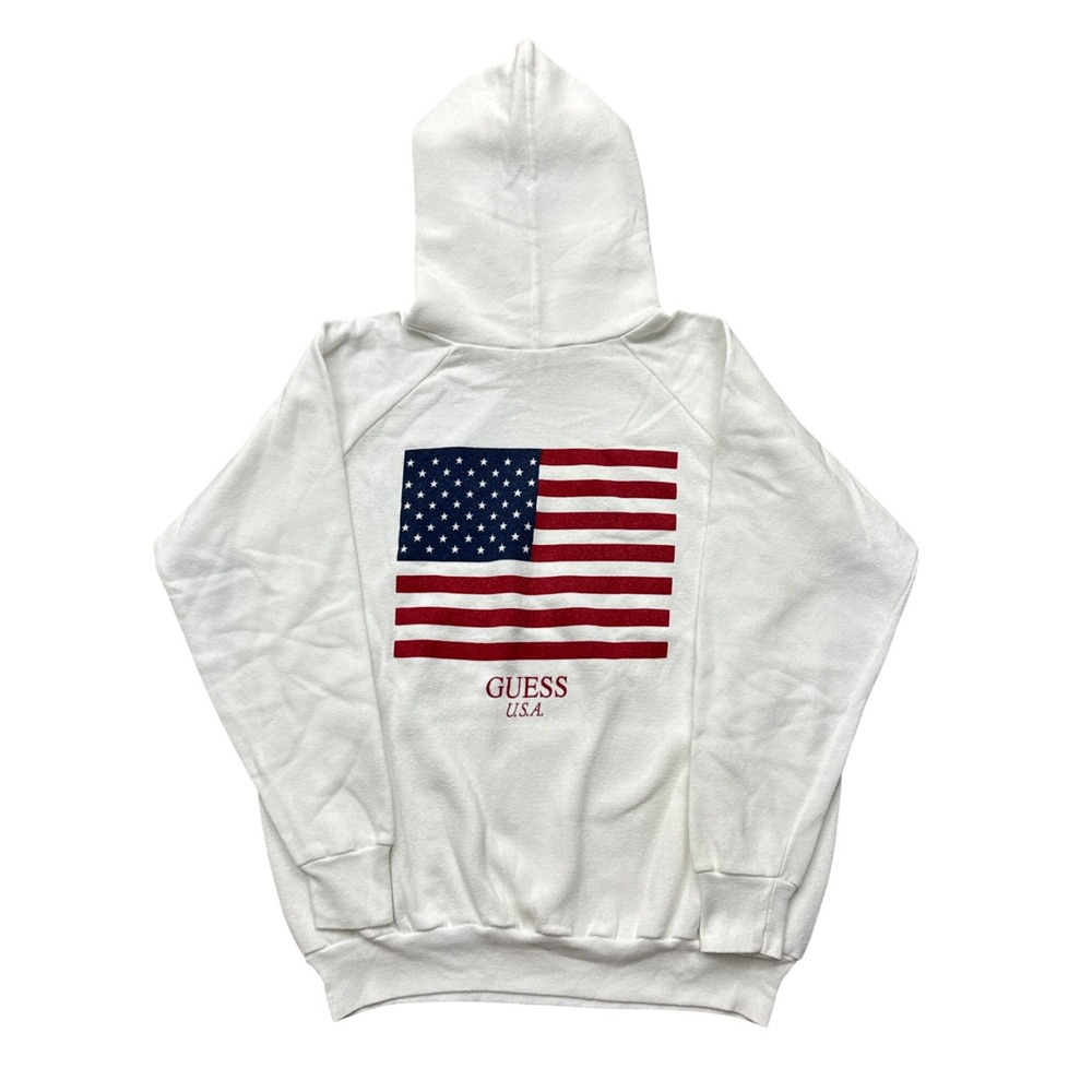 Vintage Guess USA American Flag Hoodie Georges Marciano White Made USA 80s M/L